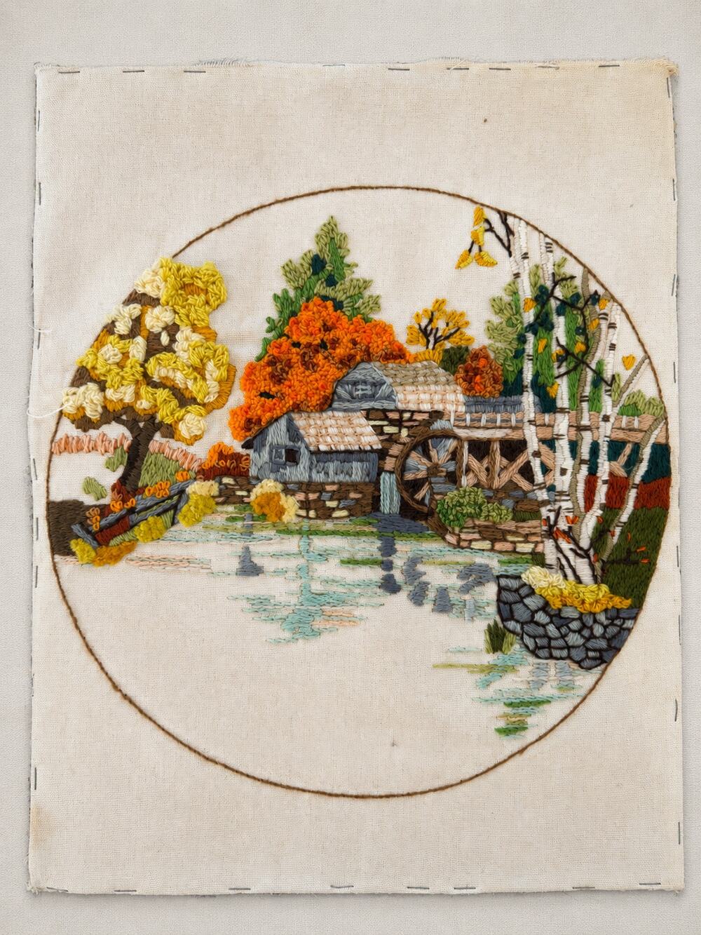 Vintage handmade Fall Mill Pond scene crewel 18 x 14